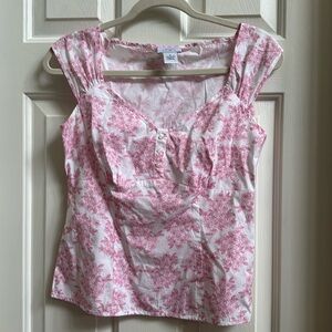 Loft blouse with cinched cap sleeves.